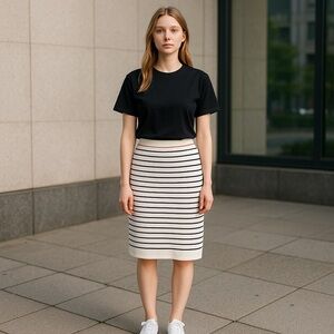 ON 34th.
Elegant Navy and White Striped Midi Skirt.
